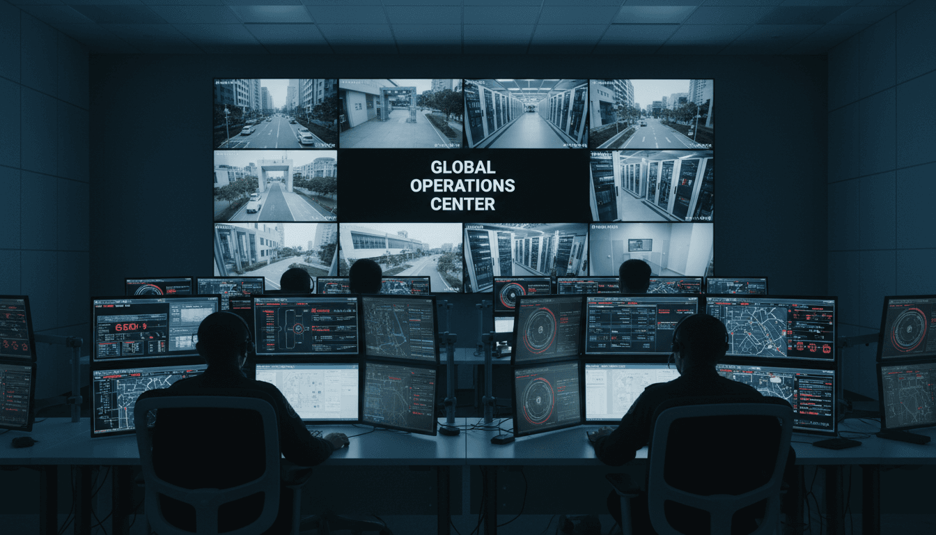 Professional security monitoring station with CCTV surveillance displays and access control systems