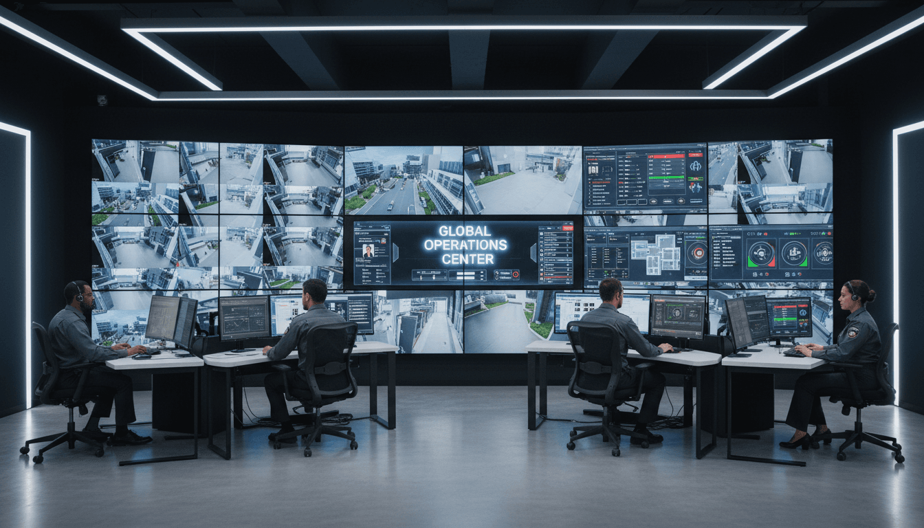 Security systems integration control center with professional monitoring equipment