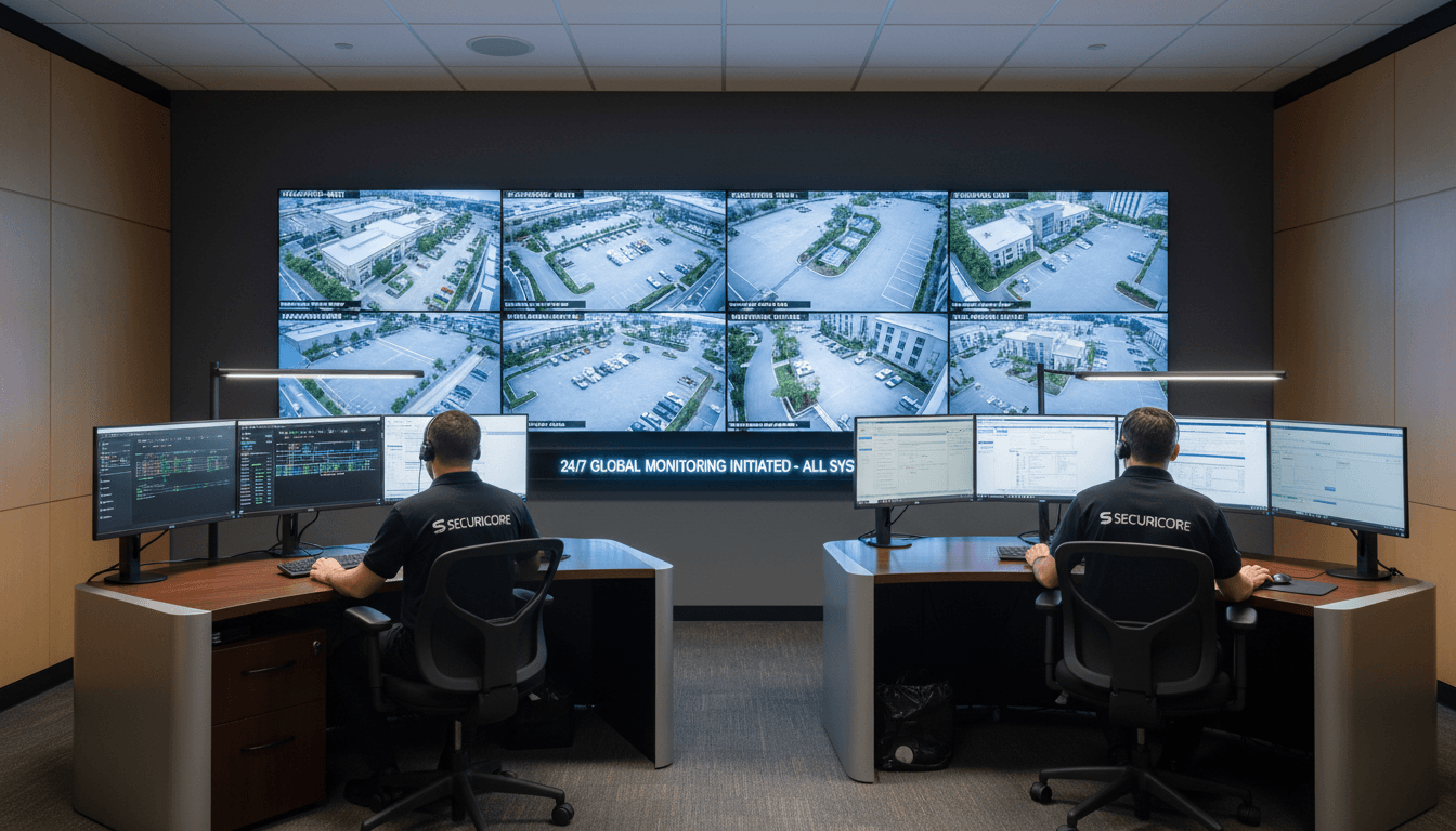 Professional security monitoring station with CCTV displays and access control interface